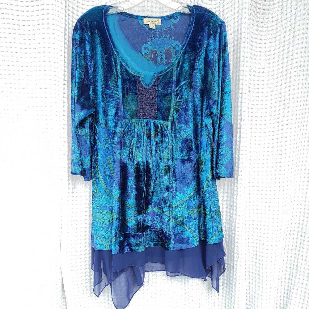 One World printed velvet tunic XL Blue and Purple